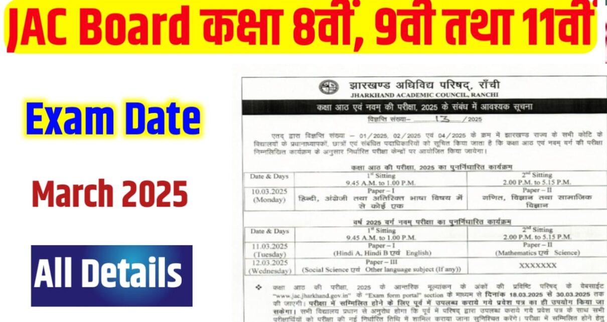 Jharkhand Board class 8th, 9th & 11th Exam Date 2025